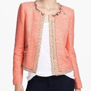 McGinn Maria Beaded Collar Tweed Semi-Crop Jacket Blazer Coral Ivory Size 4